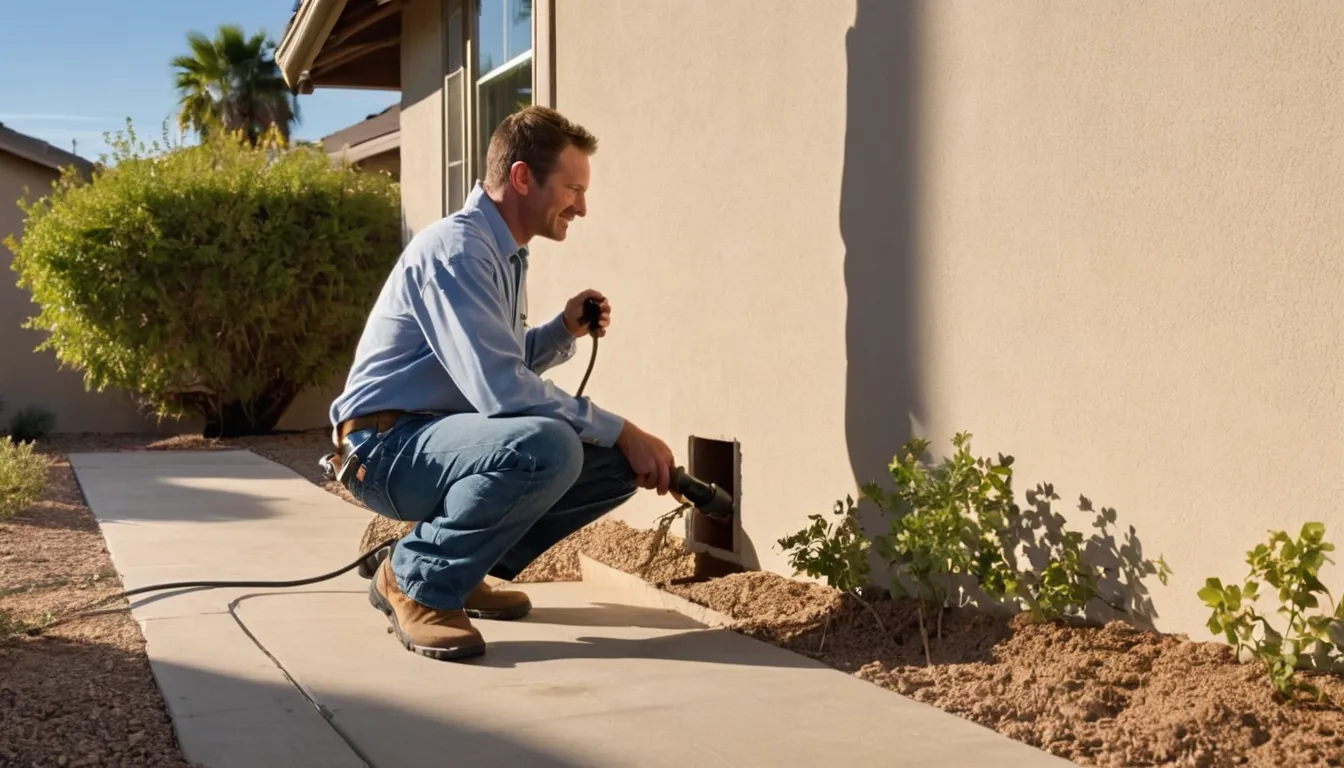 Friendly pest control provider inspecting the exterior of a stucco ranch home near Riverside