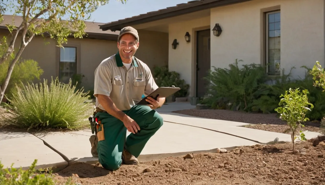 A friendly pest control provider talking with a homeowner near a stucco ranch home in the Riverside area
